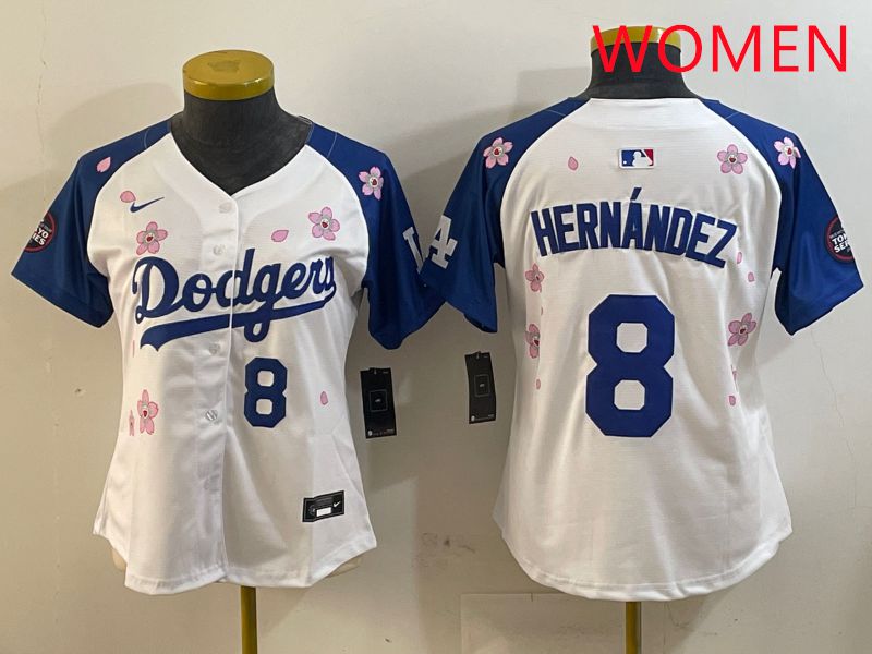 Women Los Angeles Dodgers 8 Hernandez White Blue Sakura Edition 2025 Nike MLB Jersey style 7